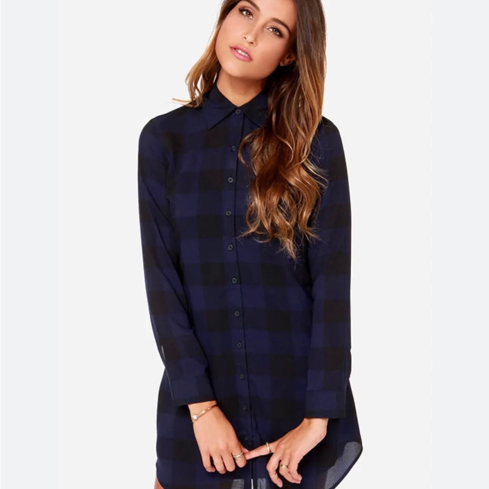 BB Dakota Women’s Navy Blue Keenan Plaid Button DownDress , long sleeve.